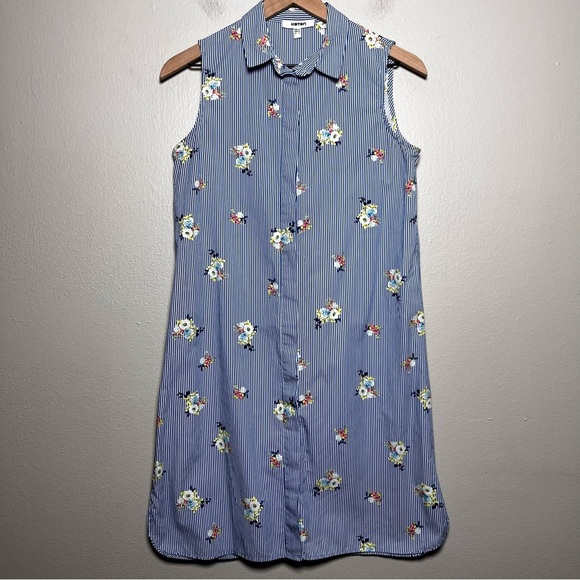Koton Women Dress Small Blue Floral Stripe Poplin Preppy Sleeveless Cotton - Picture 1 of 9